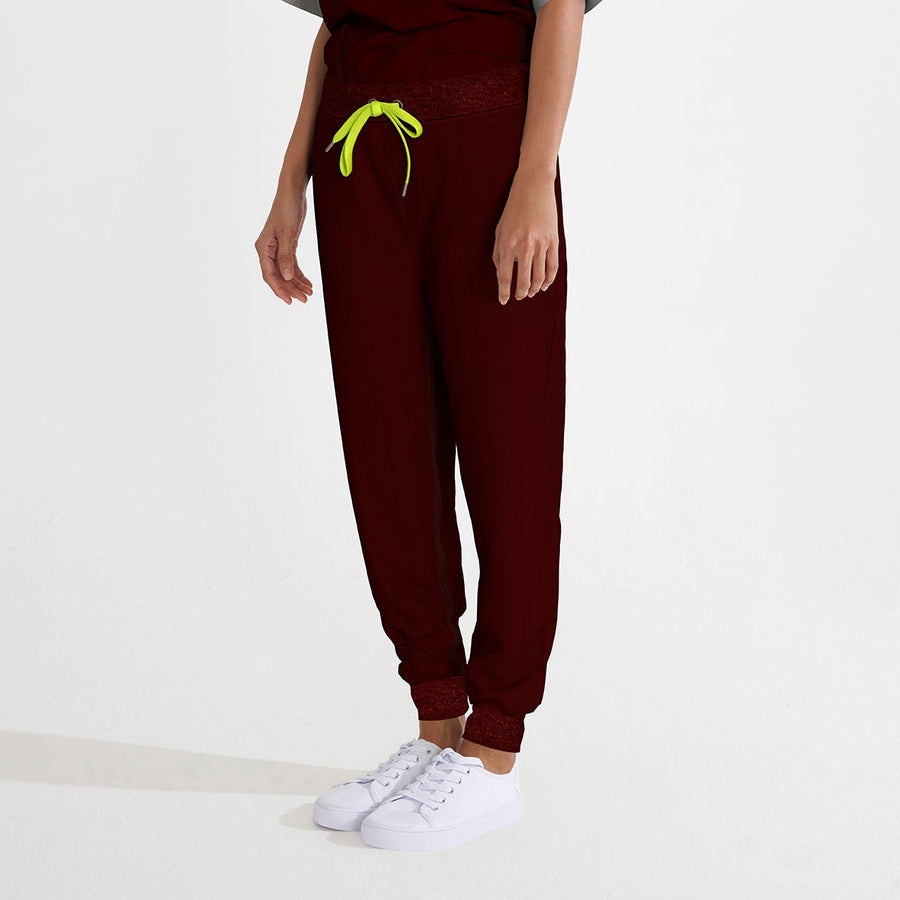 PRE ORDER | Women's Contrast Draw String Jogger with Rib - Burgundy/Yellow